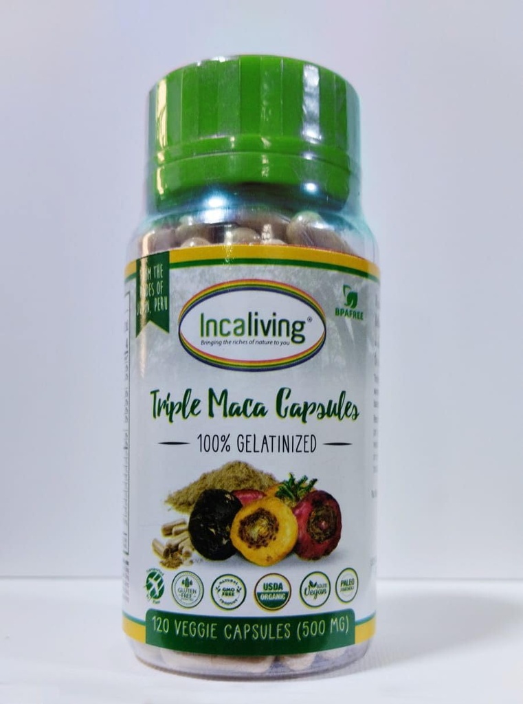 Incaliving- Triple maca Capsules 120ct. Authentic Peruvian maca Easy to take on The go Before a Work Out or at The Start of Your Day