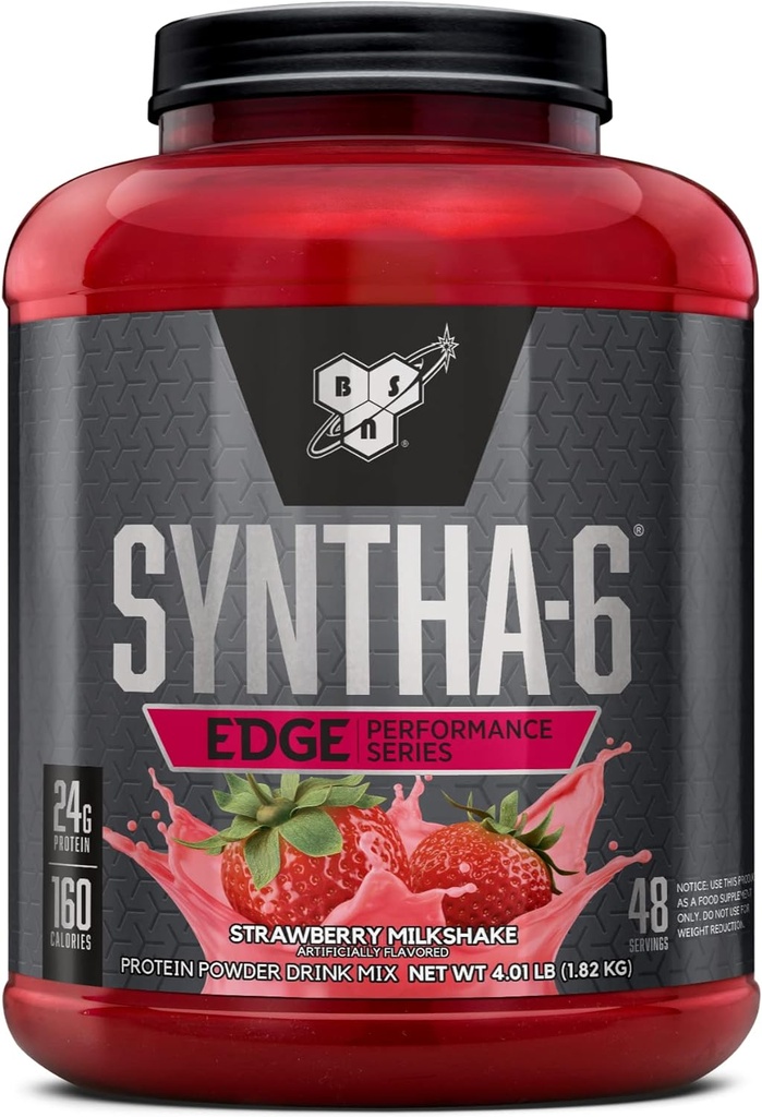 BSN SYNTHA-6 poudre de protéines EDGE, avec lactosérum hydrolysé, caséine micellaire, Isolation de protéines de lait, faible sucre, 24g de protéines, fraise, 48 portions