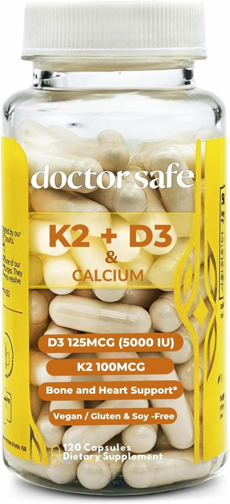 DOCTOR SAFE Vitamine D3 K2 avec du calcium et de la biopérine MK7 + D3 5000iu US-Fabriqué sans gluten sans soja sans OGM (120 capsules - 4 mois d'approvisionnement)