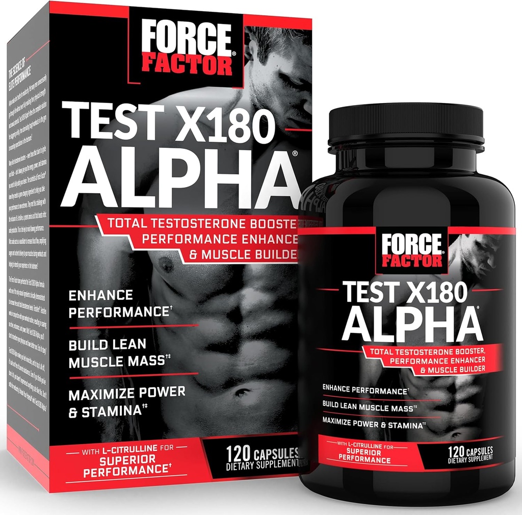 Test du facteur de force X180 Alpha Testostérone Booster pour hommes, supplément testostérone avec Fenugreek breveté et L-Citrulline pour promouvoir le muscle maigre, la force, l'énergie, la puissance et les performances, 120 capsules