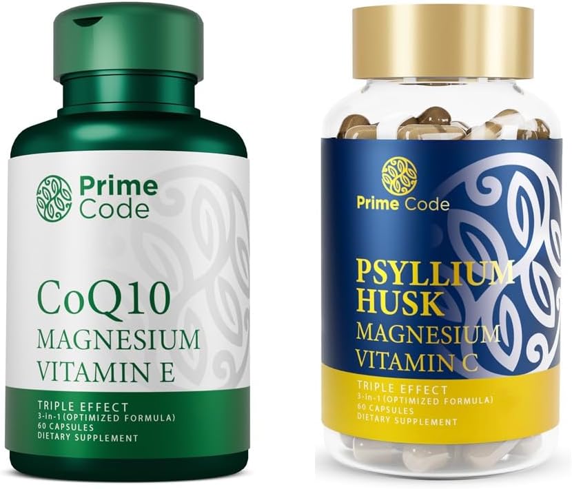 Code Prime CoQ10 250mg avec Magnésium Glycinate et Vitamine E, Psyllium Musk Capsules avec Citrate de magnésium et Vitamine C