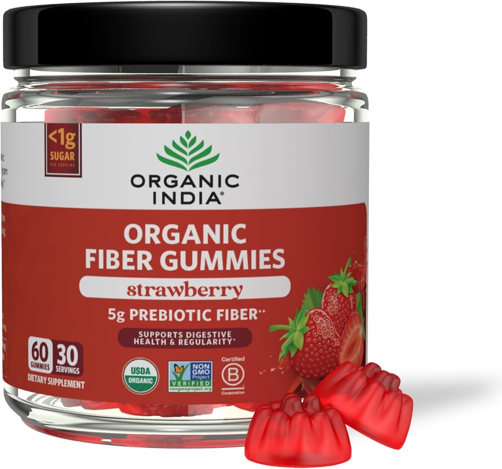 Gommies de fibre de l'INDE ORGANIQUE pour adultes - Fibre prébiotique, supplément alimentaire, santé digestive pour les hommes et les femmes, végétalien, faible sucre, non-OGM - Fraise, 60 Gommies