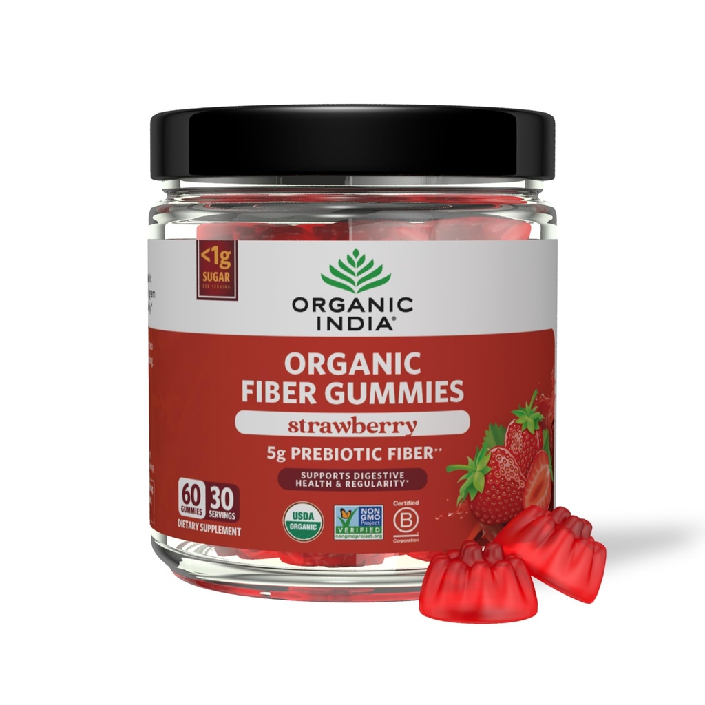 Gommies de fibre de l'INDE ORGANIQUE pour adultes - Fibre prébiotique, supplément alimentaire, santé digestive pour les hommes et les femmes, végétalien, faible sucre, non-OGM - Fraise, 60 Gommies