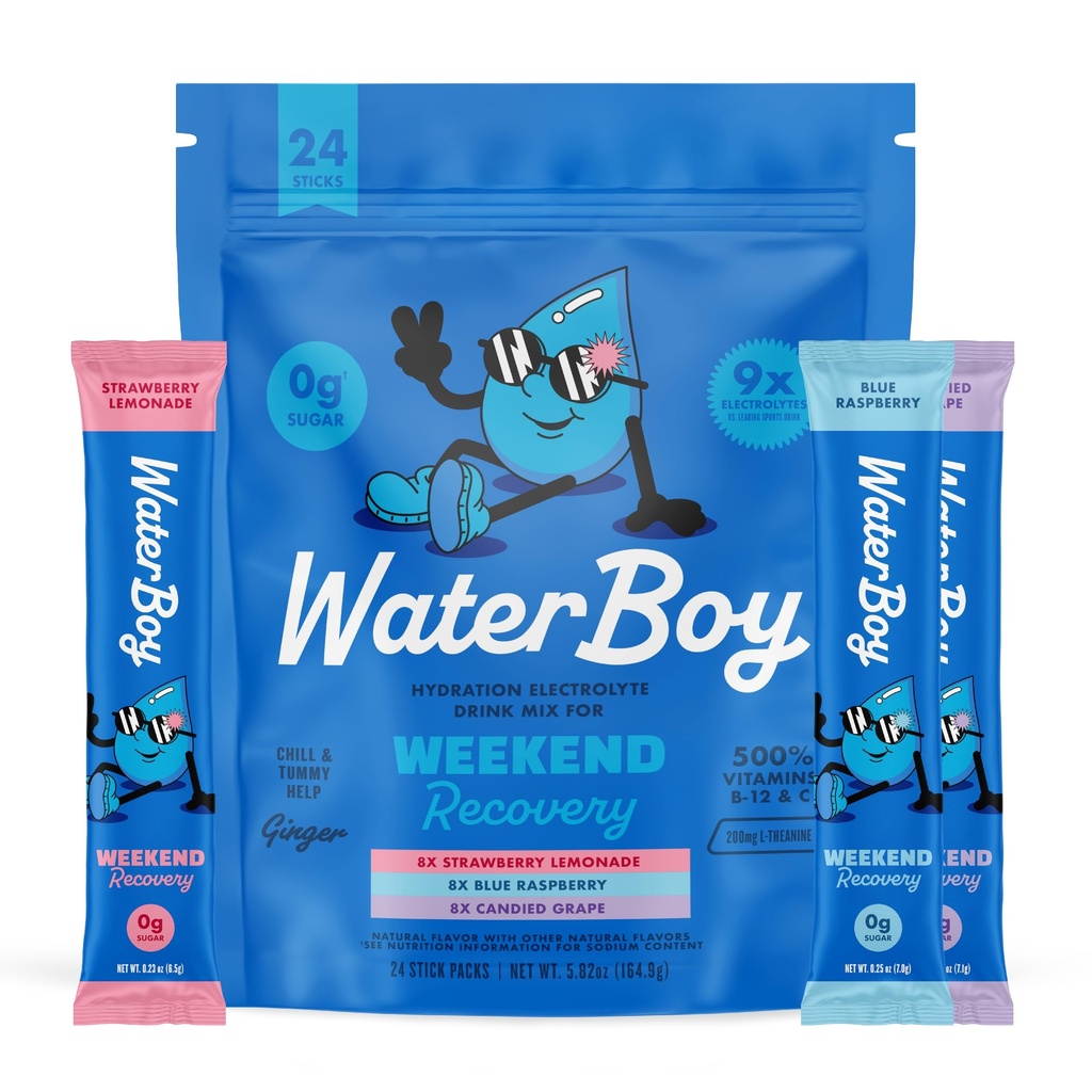 Waterboy Weekend Recovery Variété de 3 200mg Électrolyte en poudre Packets de Ginger + L-Theanine + Vitamines.