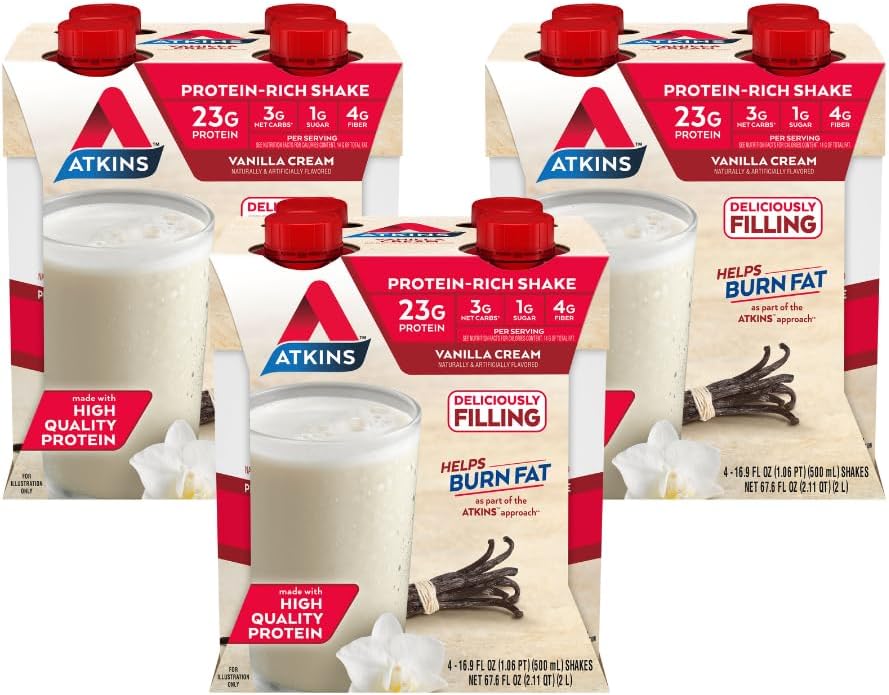 Atkins Vanilla Crème Taille de repas Secouer Protéines, 23g Protéines, Faible Glycémie, 3g Carbe, 1g Sucre, Keto Friendly