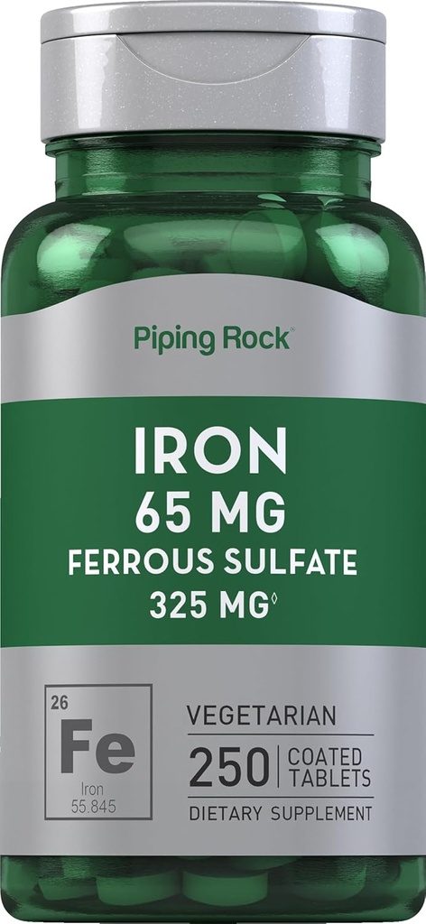 Piping Rock Fer Sulfate ferreux 65 mg 250 Comprimés Supplément de fer Formule de haute puissance