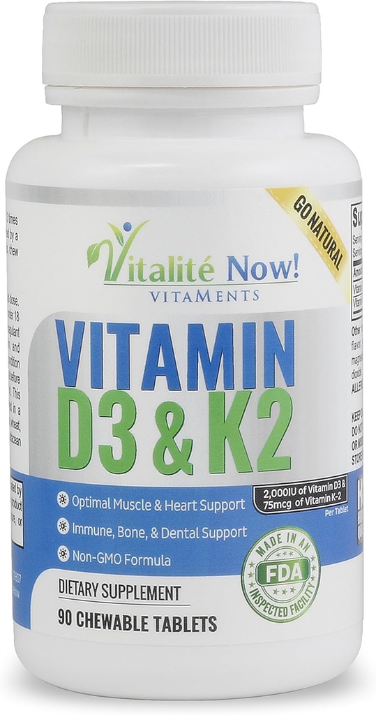Meilleur vitamine D3 2000 UI + K2 - Absorption optimisée sous la meilleure forme MK7 pour la santé pulmonaire, les os forts et le cœur en santé - tout naturel - Saveur de cerise - 90 comprimés à croquer - 3 mois d'approvisionnement!