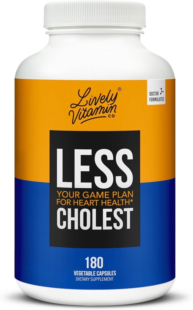 LIVELY VITAMIN CO. Less Cholest - Balanced Cholesterol & Circulatory Health - Statin Free - Red Yeast Rice - Bergamot - Resveratrol - CoQ10 - Gluten, Dairy, Soy-Free - 180 Vegan Capsules
