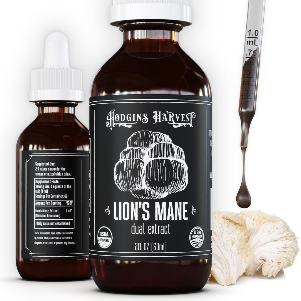 Hodgins Récolte Bio Mane Fruiting Corps Teinture - Supplément de champignons pour la santé du cerveau et la concentration mentale - Formule double extrait - Extra concentré - Bouteille de 2 fl oz