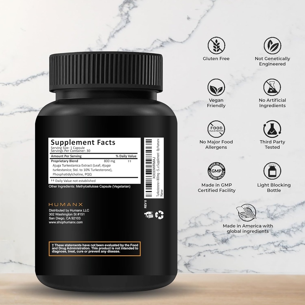 HUMANX Turkestérone+ 800mg - Etats-Unis Troisième partie testée (similaire à Ecdystérone) pour le développement musculaire et la performance athlétique dynamique - Anabolisant naturel - Non OGM, Vegan - Turkestérone Supplément