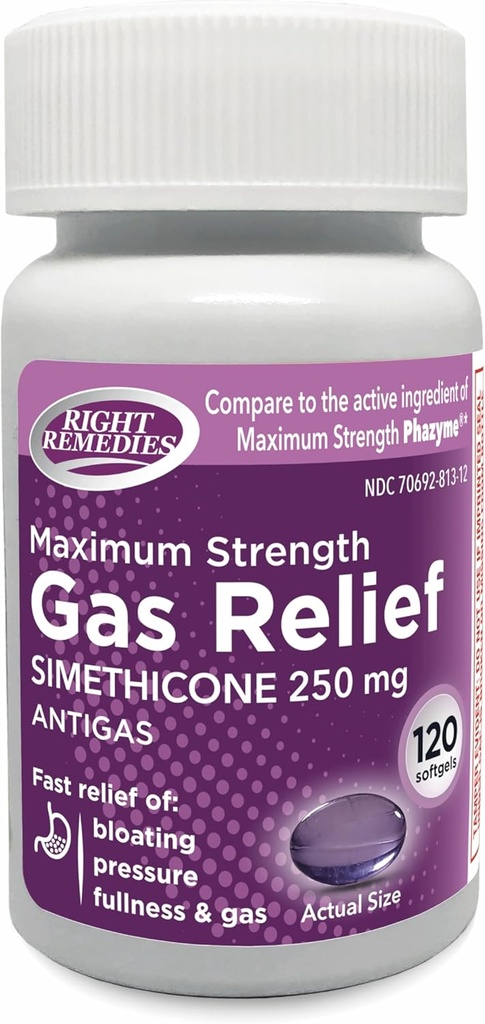 Relief du gaz Résistance maximale, Siméthicone 250 mg, (120 softgels), Relief rapide du gaz, Bloading, plénitude, malaise douloureux, Comparer à la force maximale Phzyme Ingrédient actif