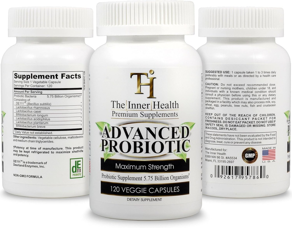 Supplément PROBIOTIQUE 5.75 Milliards d'organismes-Bacillus Subtilis Bifidobacterium Longum L.Acidophilus L.Rhamnosus L.Plantarum-120 Caps