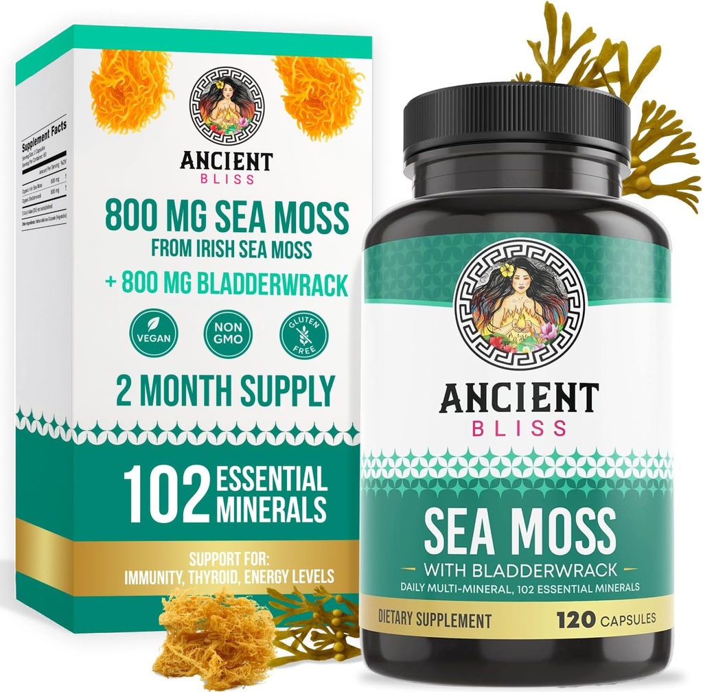 Pilules de mousse de mer d'Irlande - Dr Sebi Wildcrafted Seamoss Capsules de thyroïde, de peau saine et de soutien Gut