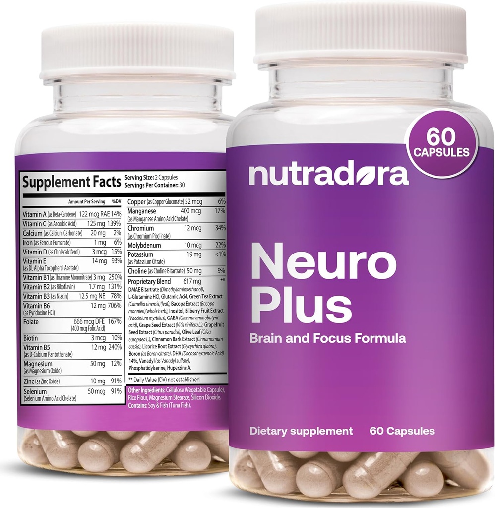 Supplément Cerveau Neuro Plus pour Mémoire et Focus, 41 Ingrédients, Supplément Focus Premium avec DMAE favorise la concentration et l'énergie pour les hommes et les femmes, Formulé aux États-Unis, 60 Capsules