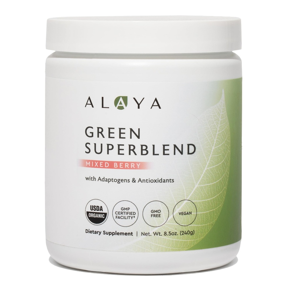 Alaya Bio Super Greens Poudre - Premium Green Juice Superfood Supplément Poudre - Adaptogènes, Antioxydants et Probiotiques Mélange - USDA Organique, Non-OGM, Vegan - 30 portions (Berry mixte)