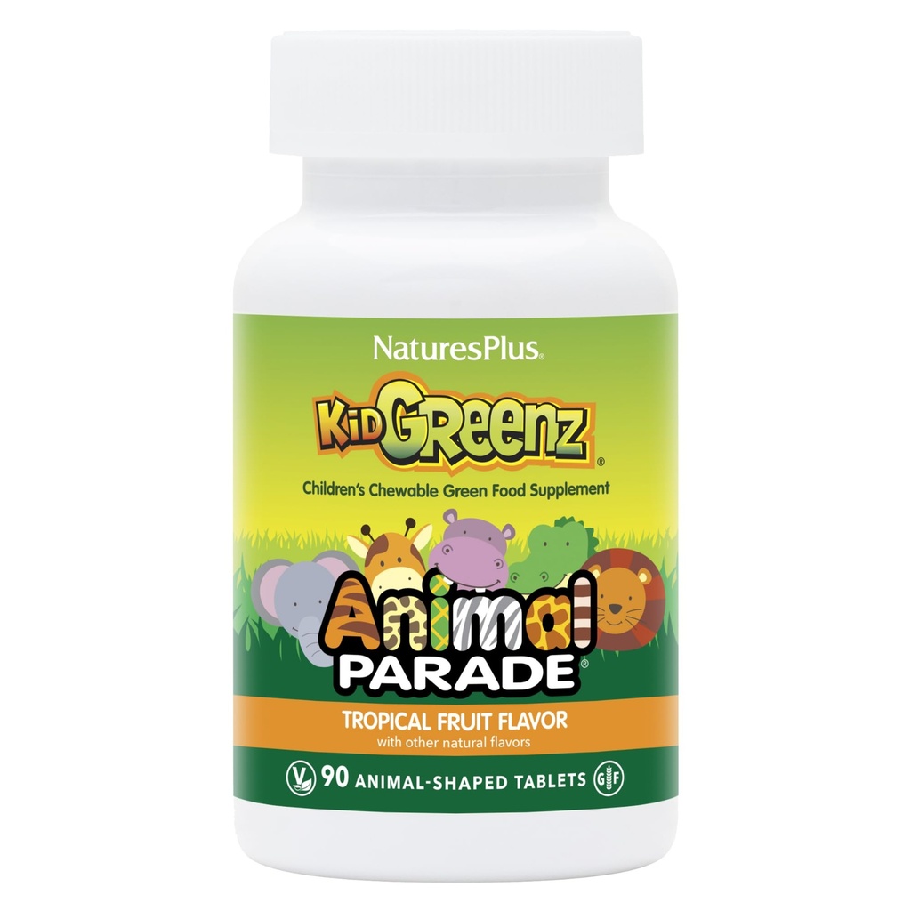 Natures Plus Parade animale KidGreenz - 90 comprimés à croquer en forme d'animal, boîte de 3 - comprend mélange de superaliments - végétalien, sans gluten - 270 Total des portions