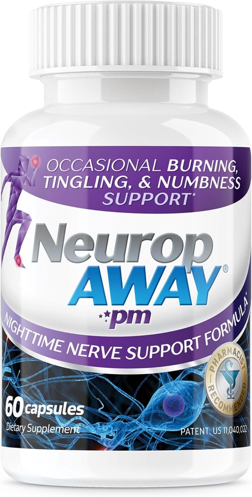NeuropAWAY Nerve Support PM, avec l'acide lipoïque R-alpha pour aider à fournir un soulagement de la nerve en aussi peu que 5 jours, acétyl-L-Carnitine, Theanine, Mélatonine et méthylcobalamine, 60 capsules