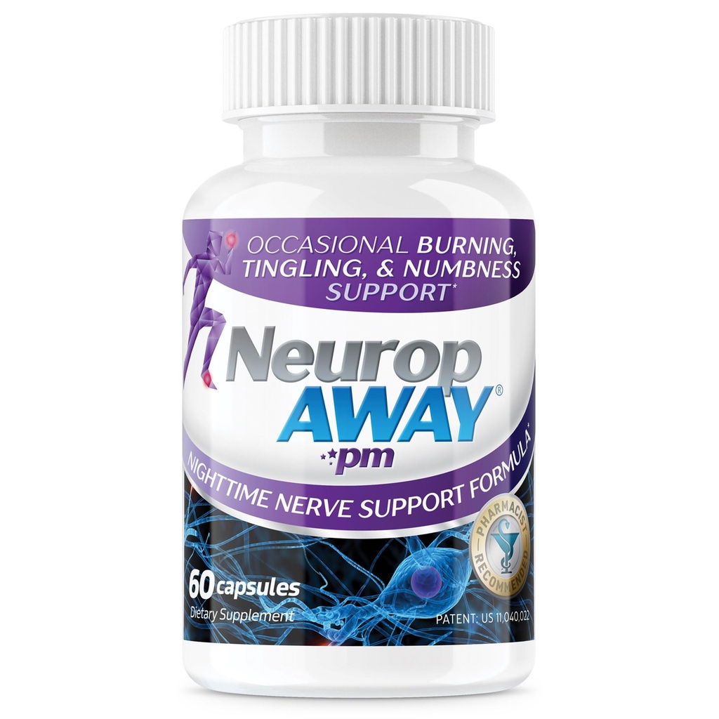 NeuropAWAY Nerve Support PM, avec l'acide lipoïque R-alpha pour aider à fournir un soulagement de la nerve en aussi peu que 5 jours, acétyl-L-Carnitine, Theanine, Mélatonine et méthylcobalamine, 60 capsules