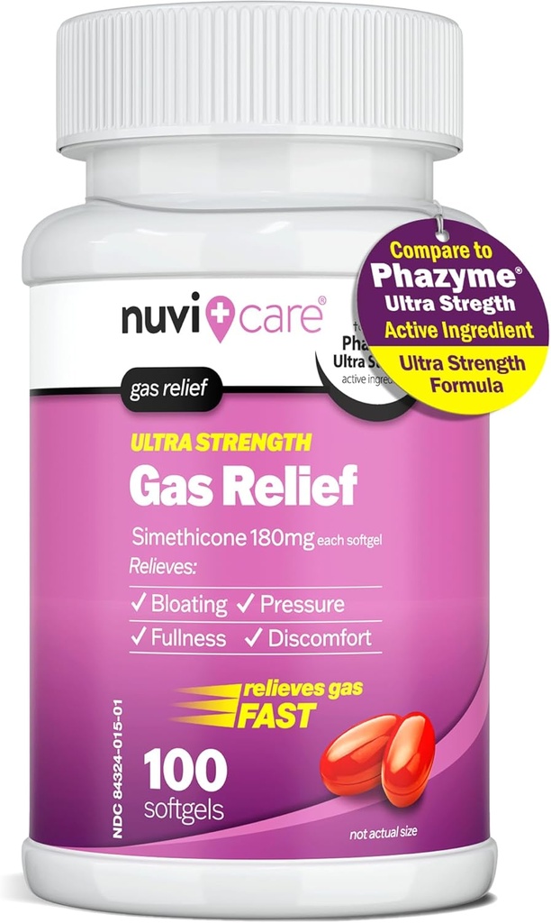 Relief de gaz ultra-fort - Siméthicone 180mg Softgels - Anti-gaz et dégel - Comparer à l'ingrédient actif dans les pilules antigaz Phazomes - Relief de gaz d'estomac pour adultes (100 Nombre)