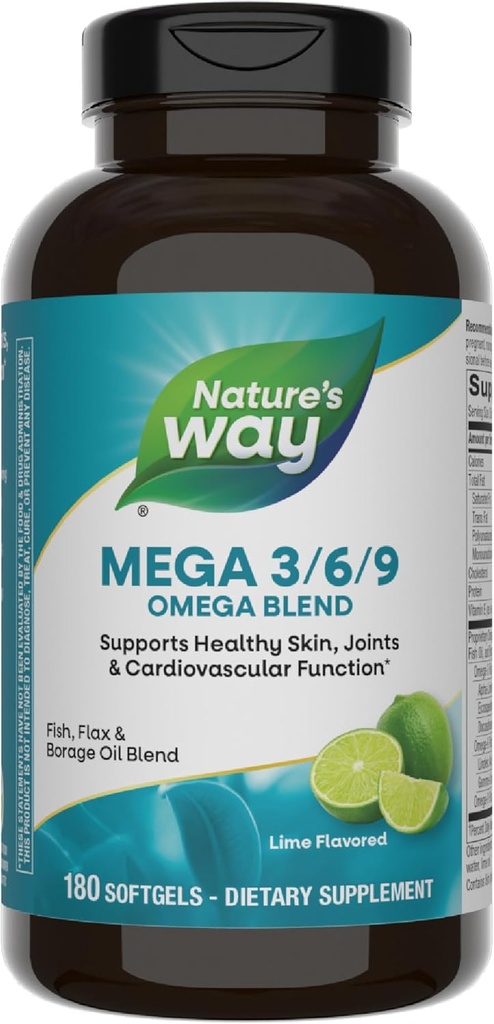 Natures Way Mega 3/6/9 Omega Blend, soutient une peau saine, articulations, fonction cardiovasculaire*, poisson, lin, huile de bore, 180 softgels aromatisés à la chaux (paquetage mai Vary)