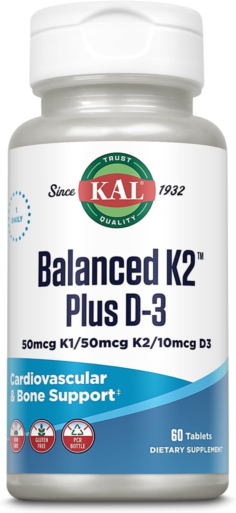 KAL Équilibré K2 Plus D-3 Comprimés, 100 mcg, 60 Compte