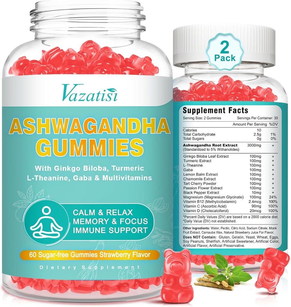 2 Pack Ashwagandha Gummies avec l'énergie d'humeur Turmère GABA et le support immunitaire, fraise parfum 120 Cts
