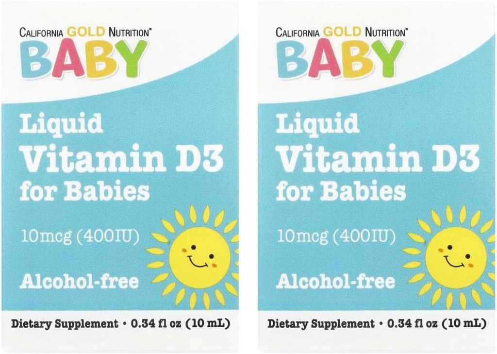 California Gold Nutrition Baby Vitamine D3 Liquid D3 Supplément pour bébés, Végétarien - Soutien au développement - Sans alcool et sans gluten, non-OGM - 10 mcg (400 UI) - 0,34 fl oz (10 ml), 2