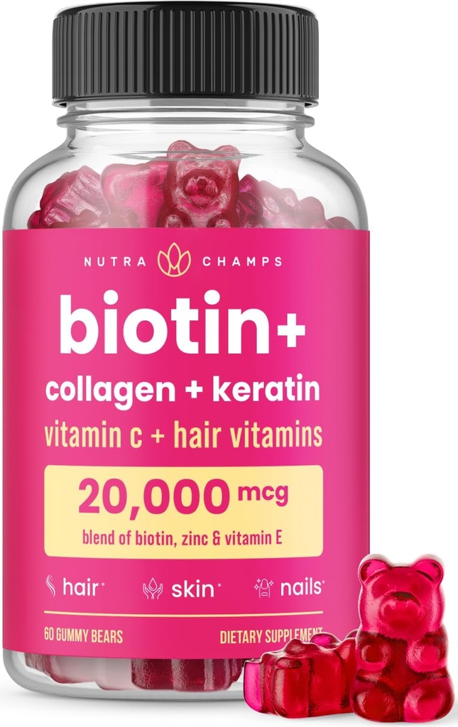 NutraChamps Cheveux Peau et ongles Gommies de la biotine avec collagène et kératine de 5000mcg Biotin Complexe beauté de la biotine de supplément vitamine pour les femmes et les hommes