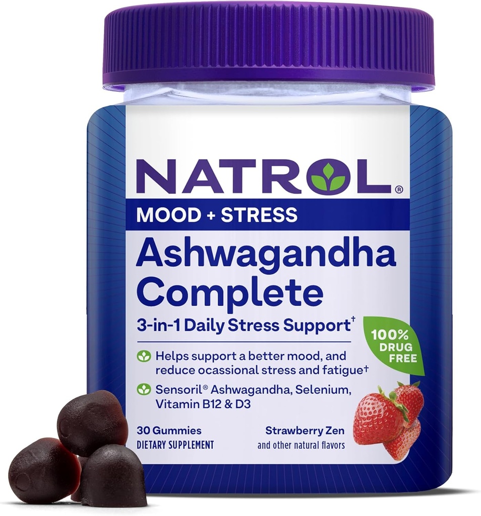 Natrol Ashwagandha Complete Gummy, 3-en-1 support de stress quotidien, soutient une meilleure humeur, réduit le stress occasionnel et la fatigue, 30 Gummies, jusqu'à un approvisionnement de 15 jours