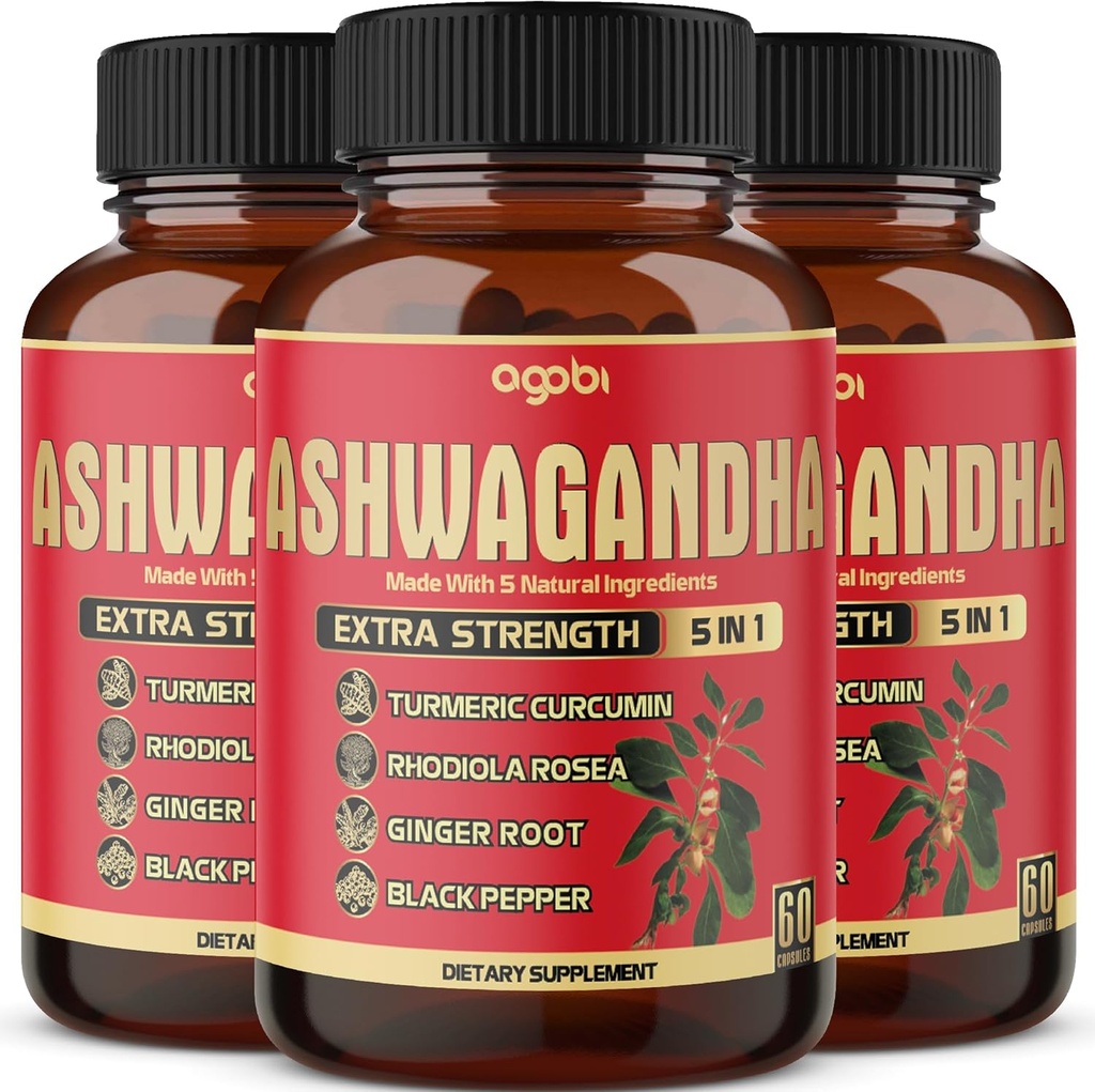 3 Packs 60 Capsules - Supplément Ashwagandha 5200mg - 5in1 avec Ginger, Turmeric, Rhodiola Rosea & Black Pepper - Stamine et soutien de santé du corps - 6-Mois