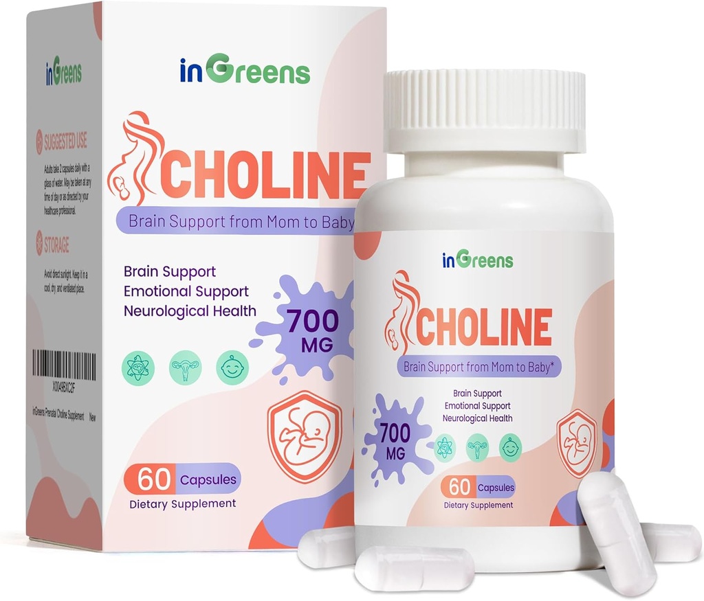Supplément de choline prénatale, 500mg, avec Inositol, B1, B6, Développement du cerveau dans la vie utero / précoce, Augmenter la teneur en choline dans le lait maternel, 30 jours d'approvisionnement