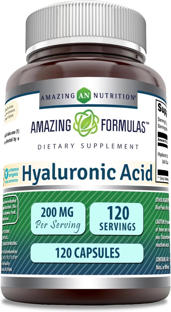 Formules étonnantes Supplément à l'acide hyaluronique : 200 Mg par portion : 120 Capsules non-OGM : sans gluten Fabriqué aux États-Unis