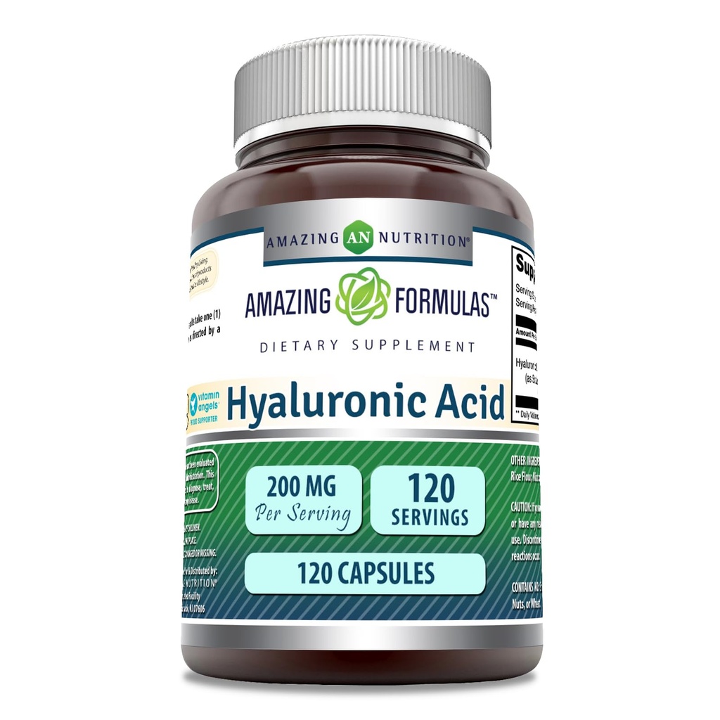 Formules étonnantes Supplément à l'acide hyaluronique : 200 Mg par portion : 120 Capsules non-OGM : sans gluten Fabriqué aux États-Unis