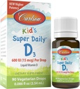Carlson Kid's Super Daily D3, 600 UI (15 mcg) par goutte – gouttes de vitamine D liquide pour enfants, 90 gouttes (2,54 mL), végétarienne, sans saveur