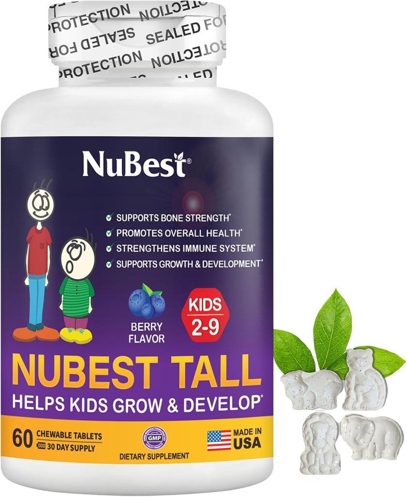 NuBest Tall Kids - Multivitamines et minéraux pour l'âge de 2 à 9 ans - Soutien aux os et à l'immunité - Aide les enfants, les tout-petits en bonne santé - Formes animales - 60 comprimés de baies à croquer