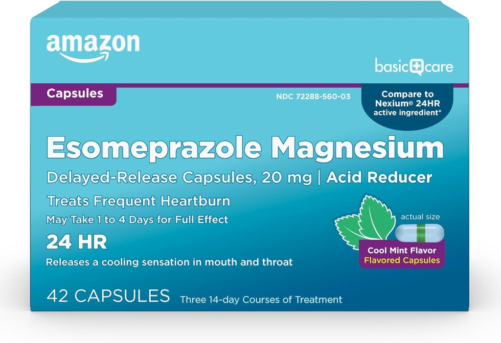 Amazon Basic Care Esomeprazole Magnésium Release Capsules 20 mg, Réducteur d'acide, Menthe fraîche, 42 Compte (3 boîtes de 14)