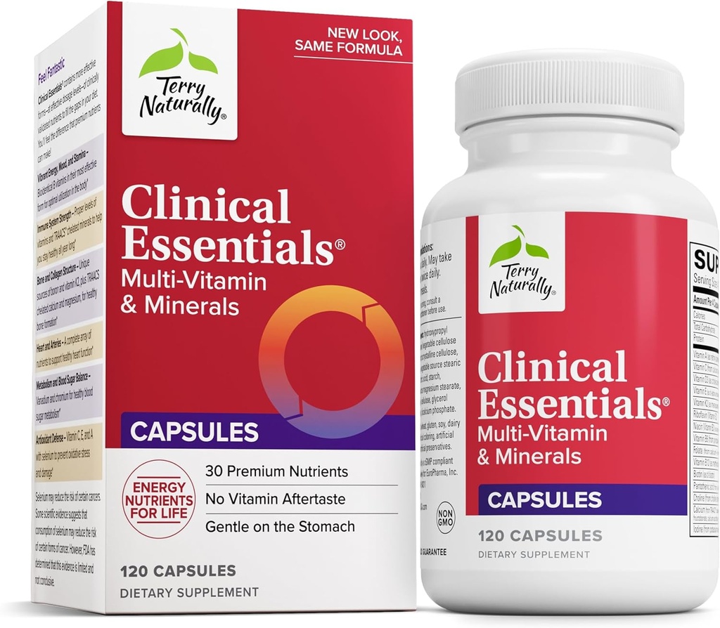 Terry Naturally Clinical Essentials - Supplément pour aider la santé osseuse, cardiovasculaire et immunitaire - Supplément avec des minéraux chélatés - Supplément avec des vitamines B et C - 120 capsules