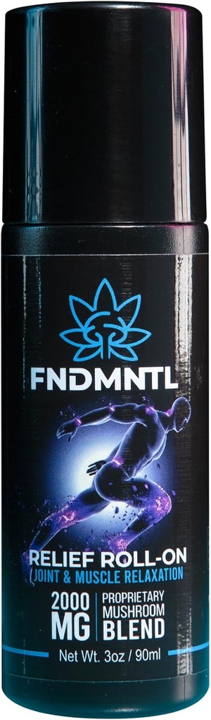 FNDMNTL Relief Roll-On avec 2000mg Mélange de champignons fonctionnels pour la relaxation articulaire et musculaire, pas d'applicateur de mess, 3oz