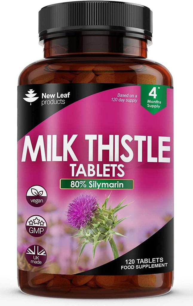 New Leaf Products Thistle de lait 1000mg Comprimés (4 mois d'approvisionnement) High Strength 2000mg 80% Silymarin, Comprimés végétaliens, Sans OGM, Sans gluten 120 Comprimés