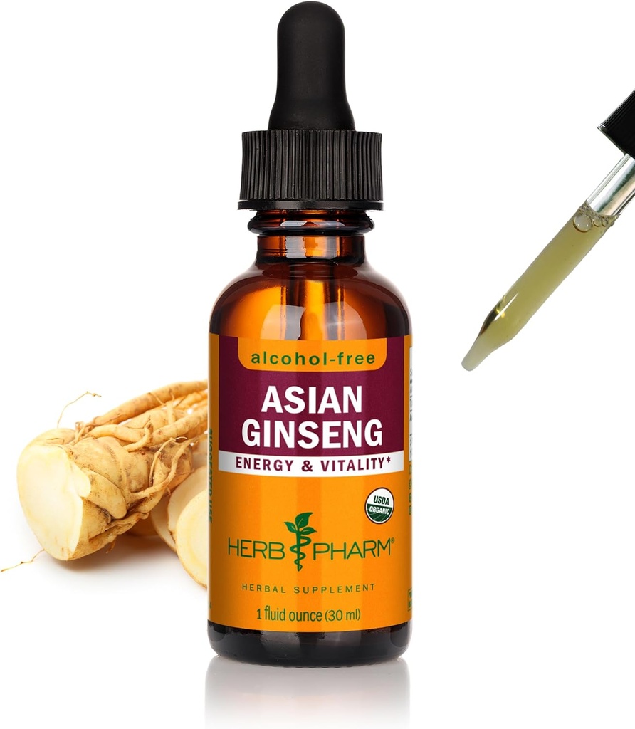 Herb Pharm Asian (Panax) Ginseng Glycérite liquide pour l'énergie et la stamina, Glycérite sans alcool, 1 Oz