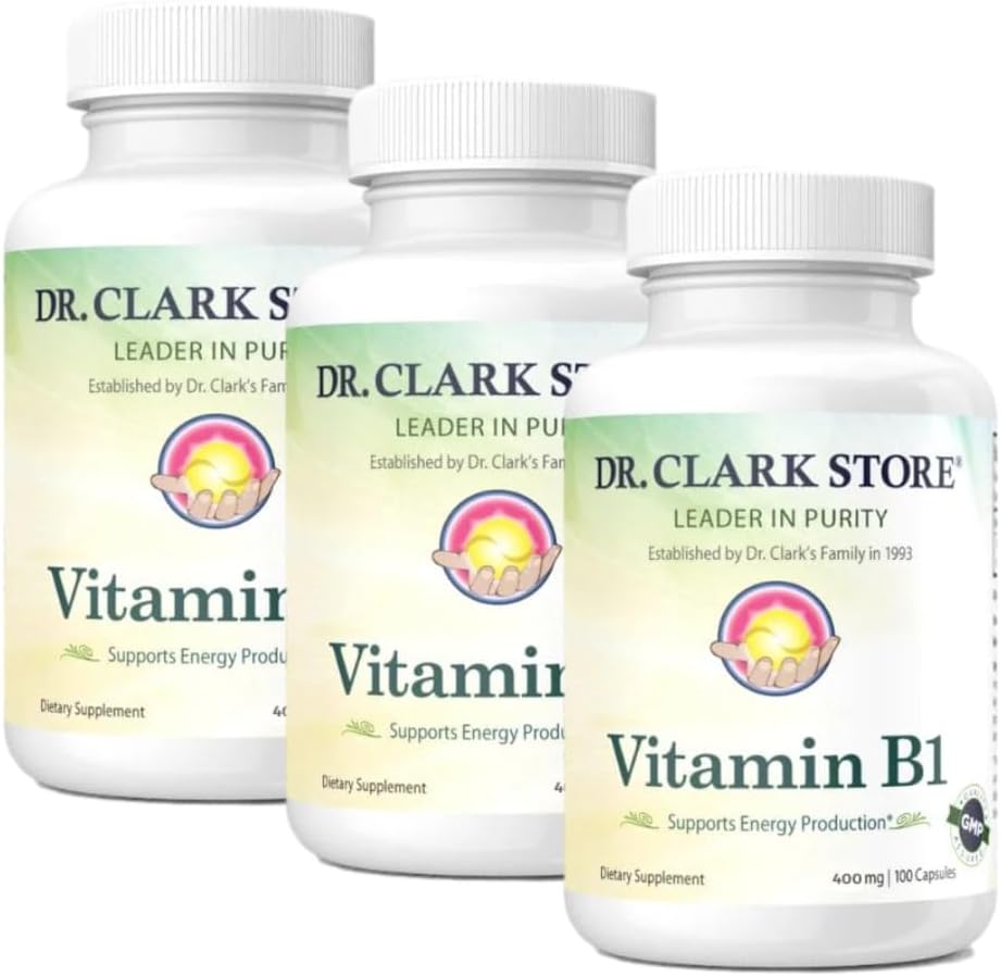Bernard Jensen Le Dr Clark Store Vitamine B1 Thiamine Supplément 500mg -Thiamine B1 Supplément pour système nerveux sain et métabolisme énergétique, sans gluten, sans lait - 100 Capsules de gélatine 3Pack
