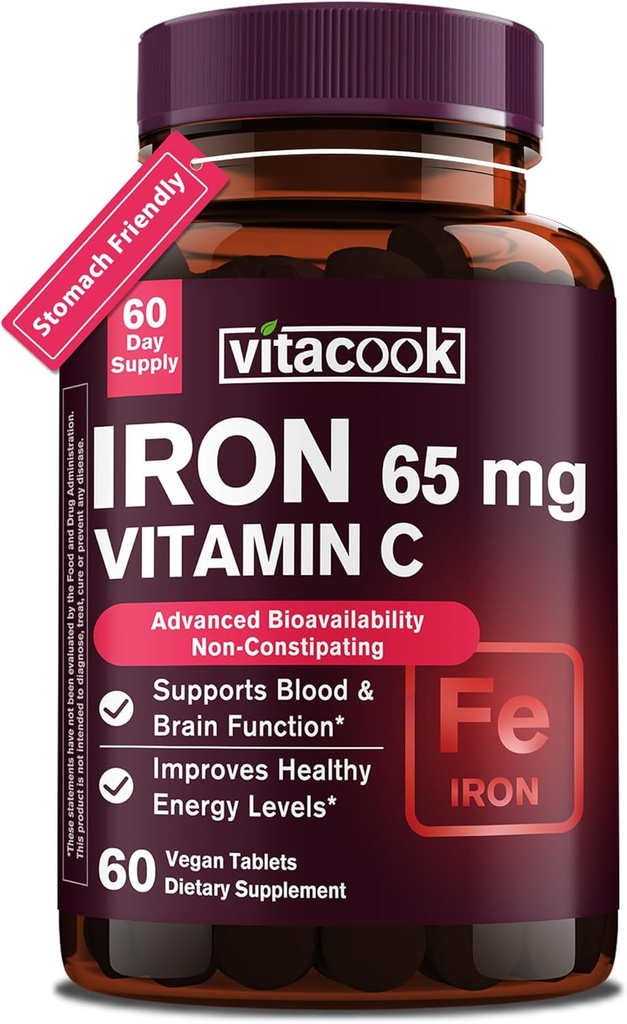 Supplément en fer pour les femmes hommes, haute puissance Iron 65mg avec vitamine C 250mg, libération lente pilules de fer amies de l'estomac pour globule rouge et support immunitaire, non-OGM, sans gluten, 60 onglets végétaliens