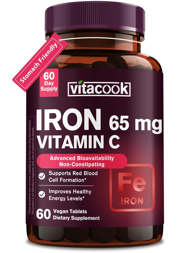 Supplément en fer pour les femmes hommes, haute puissance Iron 65mg avec vitamine C 250mg, libération lente pilules de fer amies de l'estomac pour globule rouge et support immunitaire, non-OGM, sans gluten, 60 onglets végétaliens