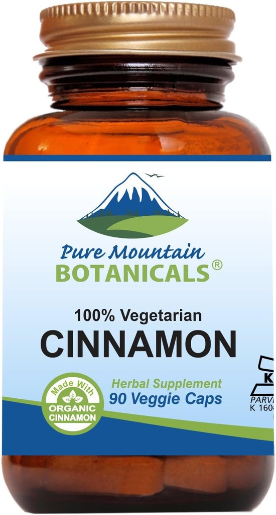 Pure Mountain Botanicals Capsules de cannelle - Pilules Vegan Kosher avec 1000mg de supplément biologique Cassia Cinammon Bark