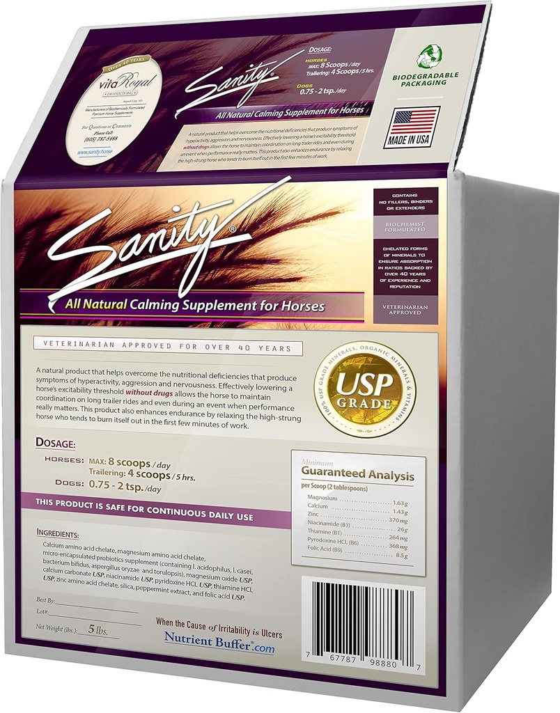 Sanité - Supplément de focale apaisant le comportement des chevaux - Magnésium, Calcium, Zinc, Vitamines B, Acides aminés, Probiotiques, Thiamine, Acide folique, Niacine, Menthe poivrée et plus