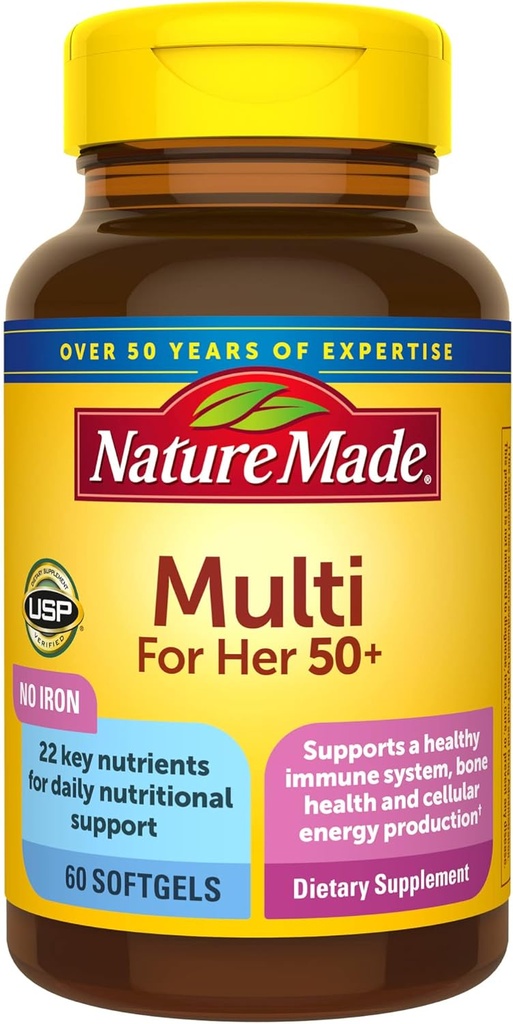 Multivitamine faite de nature pour ses 50+ sans fer, multivitamine pour femmes pour le soutien nutritionnel quotidien, multivitamine pour femmes, 60 Softgels, 60 jours d'approvisionnement
