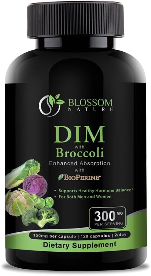 Supplément DIM 300mg avec Brocoli 200mg BioPerine 10mg-Hormone et équilibre œstrogène pour les femmes et les hommes,Ménopause Relief,PCOS & PMS Support,Hormonal Acne Treatment-120 Caps,Diindolylméthane 150 mg par bouchon