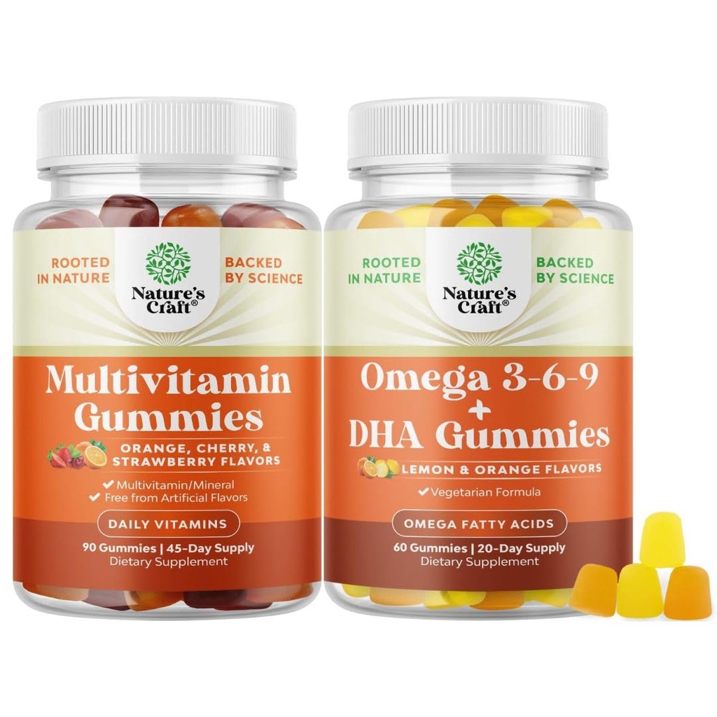 Ensemble de gommes multivitamines - Gommy multivitamines halal avec B12 Biotine Zinc et vitamine D et Omega végétarien 3 6 9 Gommies DHA pour le cerveau Bone Heart Health and Joint Support - sans Burpless Fish Free