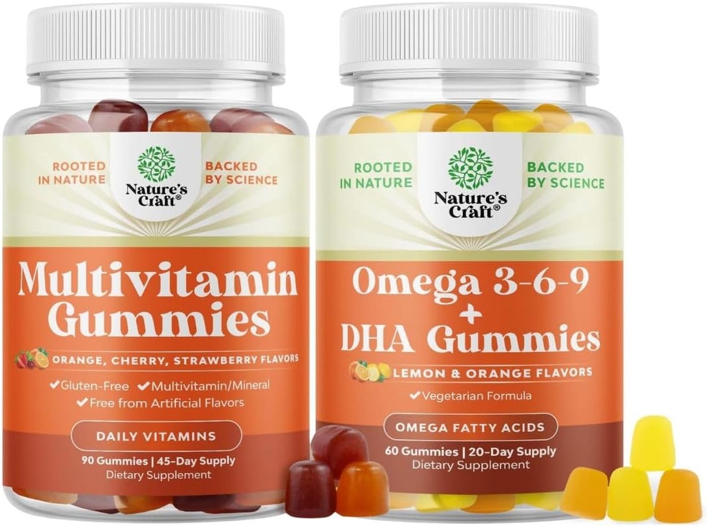 Ensemble de gommes multivitamines - Gommy multivitamines halal avec B12 Biotine Zinc et vitamine D et Omega végétarien 3 6 9 Gommies DHA pour le cerveau Bone Heart Health and Joint Support - sans Burpless Fish Free