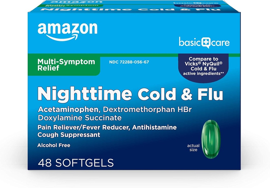 Amazon Basic Care Nighttime Cold and Flu Relief Softgels, 6 heures de médecine froide, soulage les symptômes majeurs de la grippe afin que vous puissiez vous reposer, 48 Compte (paquet de 1)